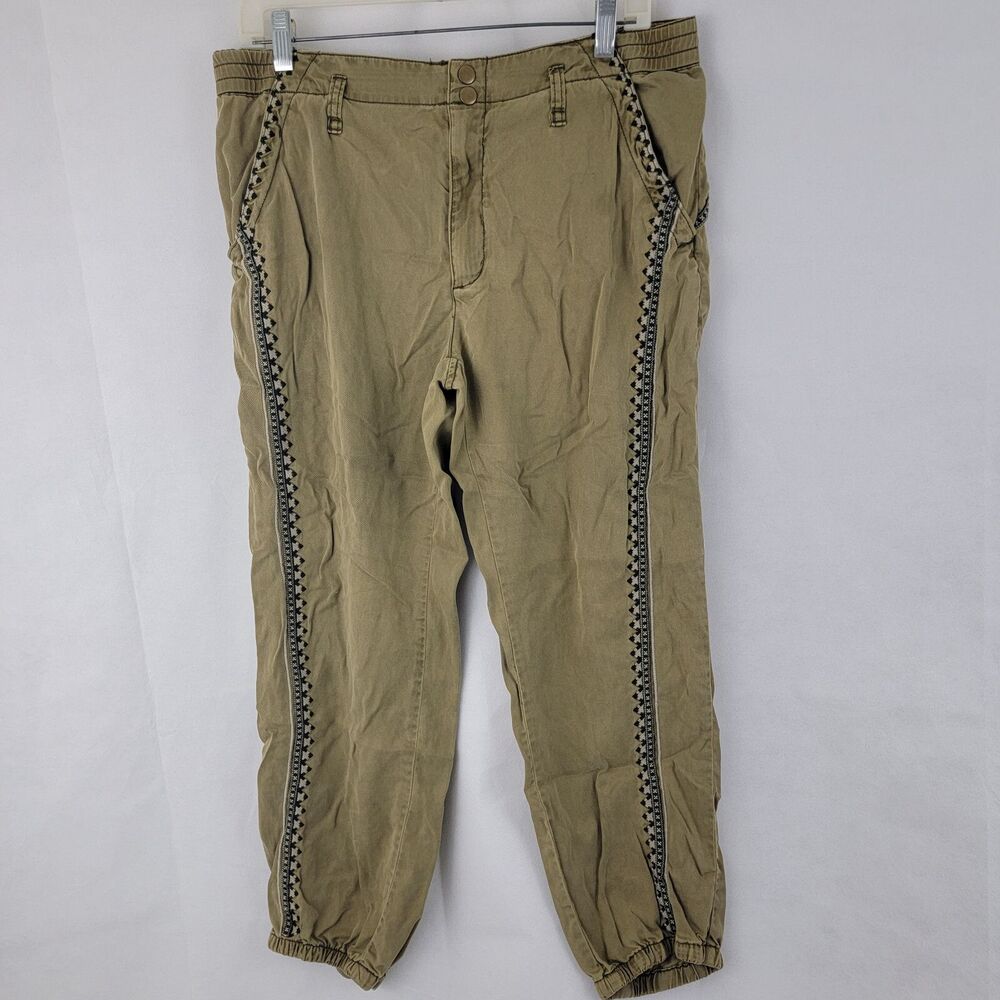 ANTHROPOLOGIE Womens Joggers Sz MP Cedar Embroidered Olive GREEN Boho Lounge